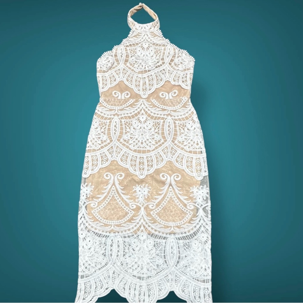 Lulu's White and Tan Lace Midi Dress Small Halter